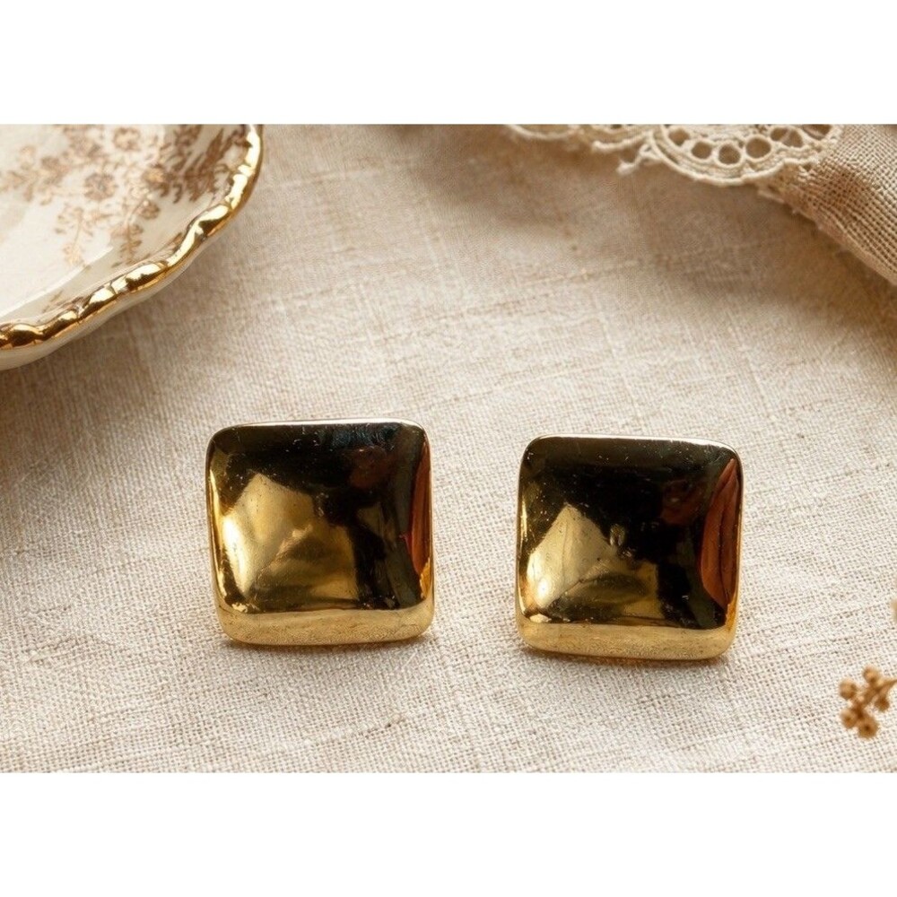 Vintage Gold Tone Square Clip On Earrings Polished Domed Statement 1980s